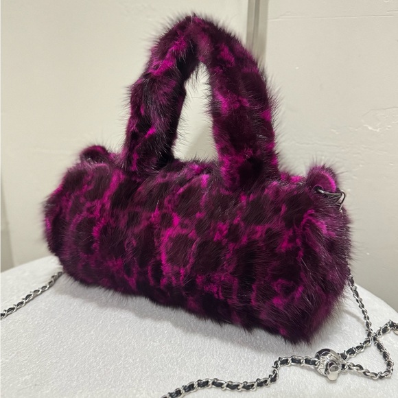 Leopard Real Mink Fur Handmade Fur Handles Barrel Bag/Shoulder Bag/Crossbody Bag - Picture 11 of 16